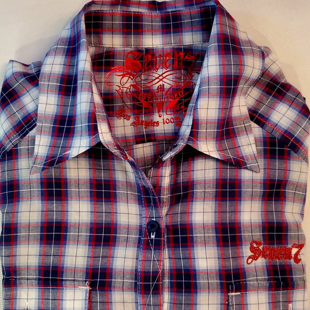 Seven 7 Red, White & Blue Plaid Button Up Shirt